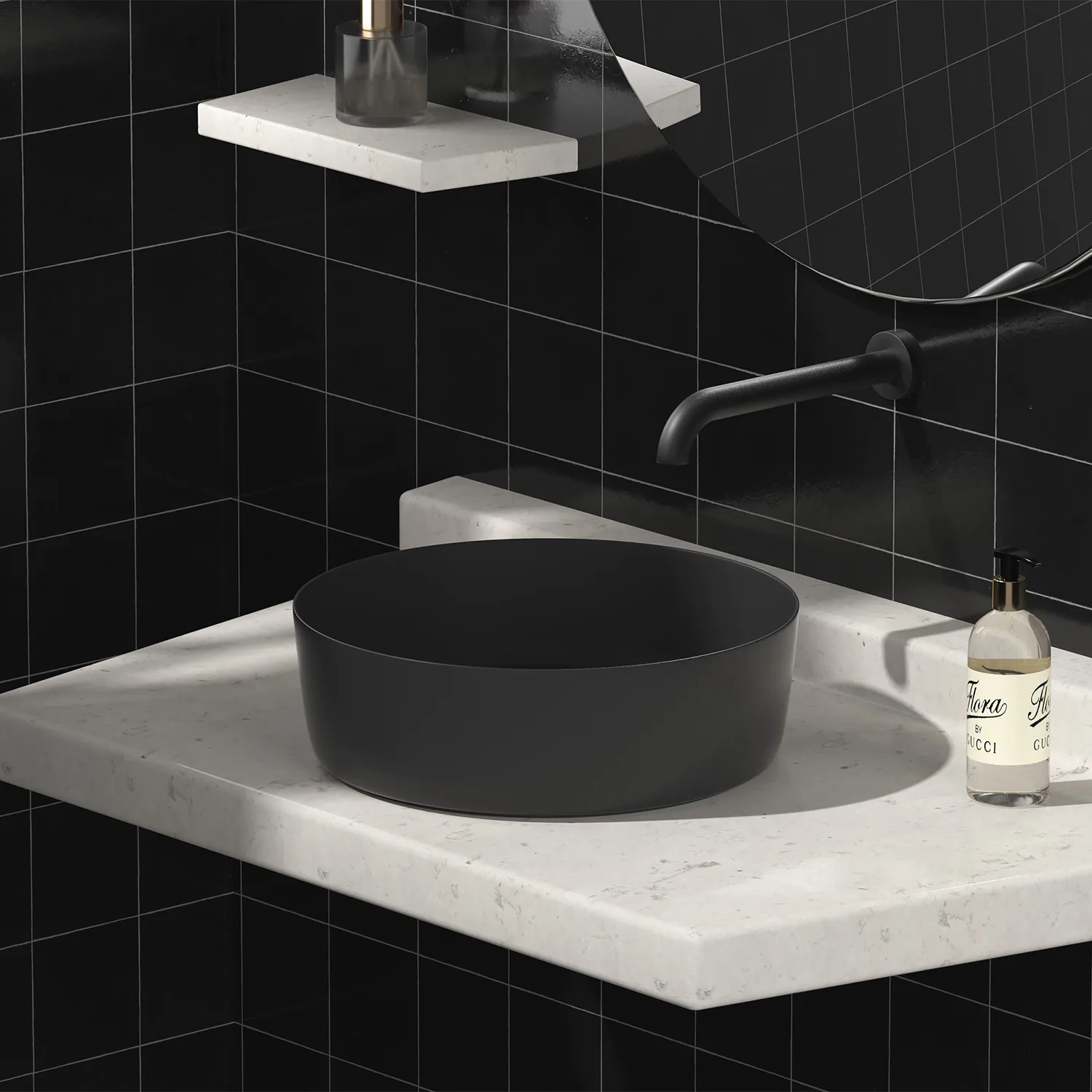 minimalist design high quality ceramic 14-inch round vessel sink in matte black color, bathroom 36cm countertop basin